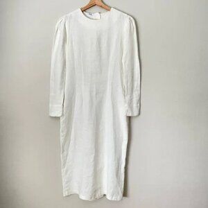 Hazel Brown Minimalist Ivory Puff Sleeve Vintage Style Midi Shift Dress